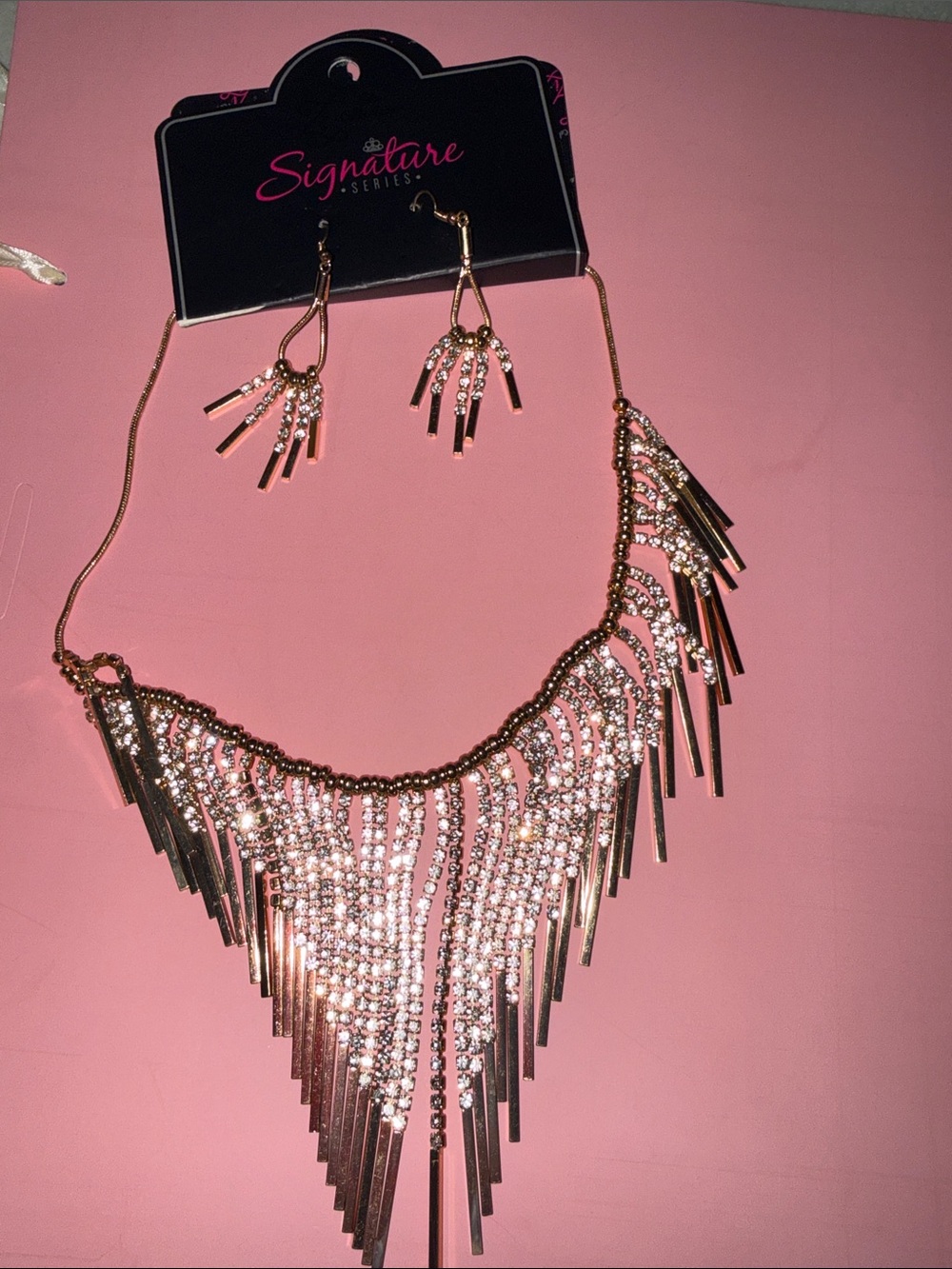 paparazzi Rose Gold Crystal Fringe Necklace and Earring Set